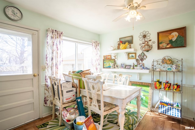 playroom featuring ceiling fan, hardwood / wood-style floors, and a healthy amount of sunlight