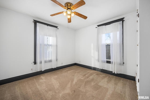 carpeted empty room with ceiling fan and ornamental molding