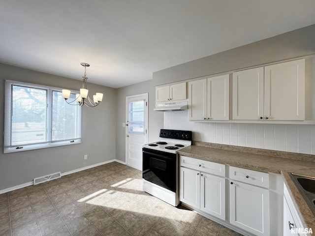 kitchen with electric stove, backsplash, decorative light fixtures, and white cabinets