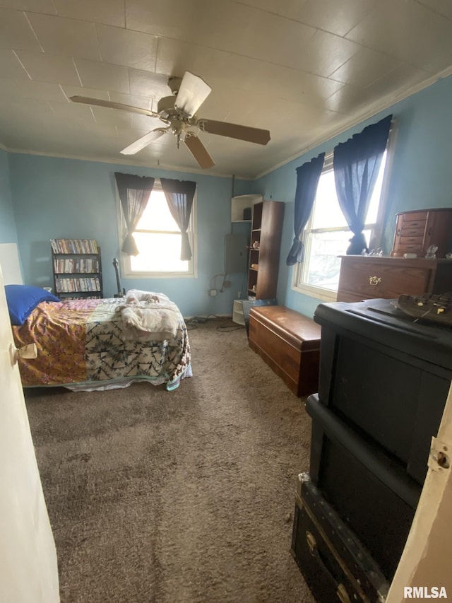 carpeted bedroom featuring crown molding, ceiling fan, and multiple windows