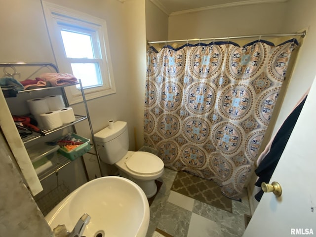 bathroom with sink, crown molding, toilet, and walk in shower