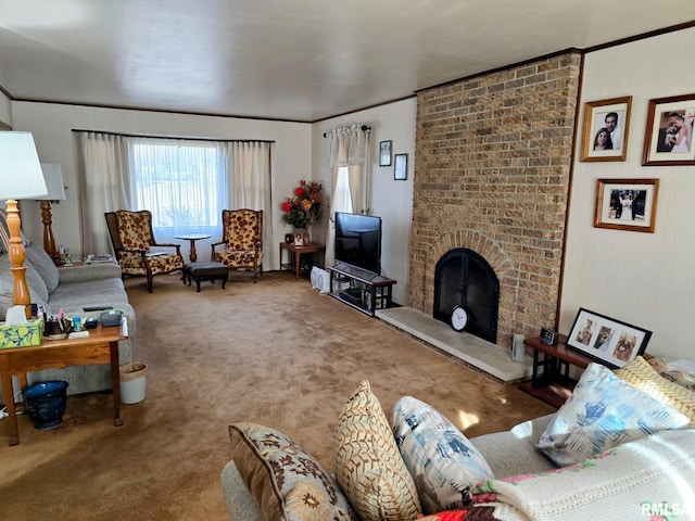 living room with ornamental molding, carpet flooring, and a brick fireplace