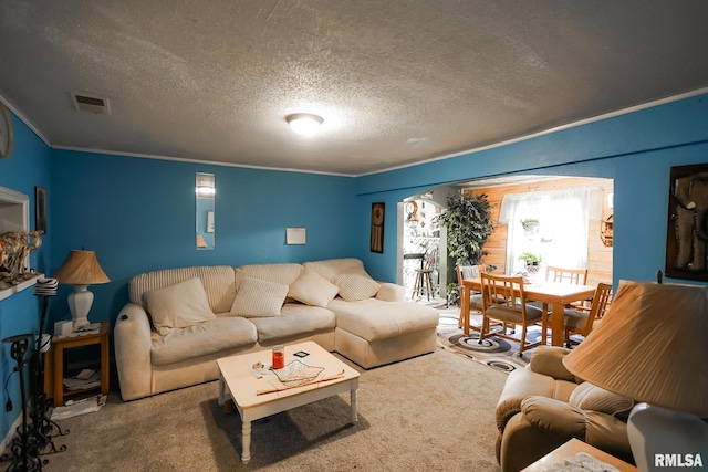 carpeted living room featuring crown molding and a textured ceiling