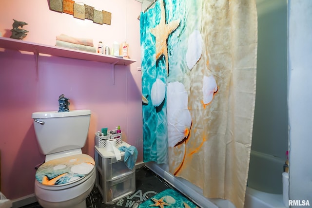 bathroom featuring shower / bathtub combination with curtain and toilet