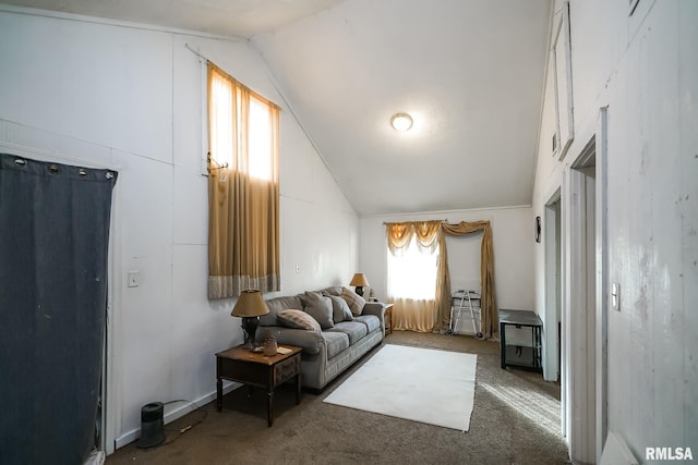 living room with vaulted ceiling and dark carpet