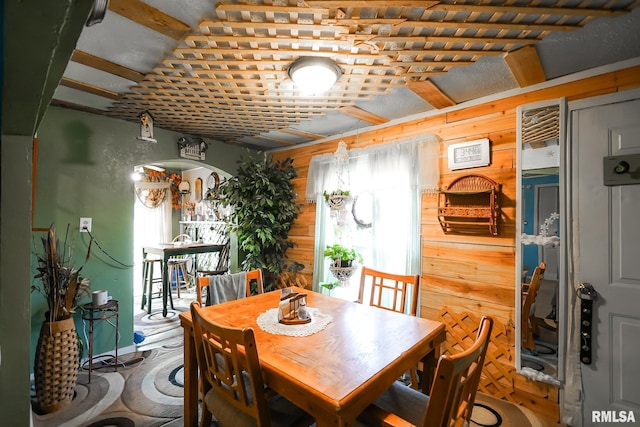 dining space featuring wooden walls and a wealth of natural light