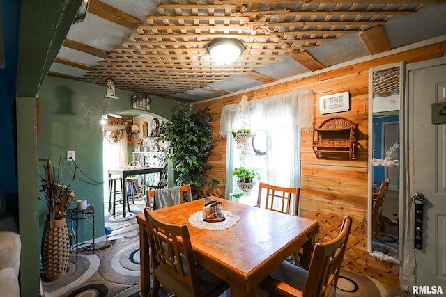 dining room featuring wooden walls and a wealth of natural light