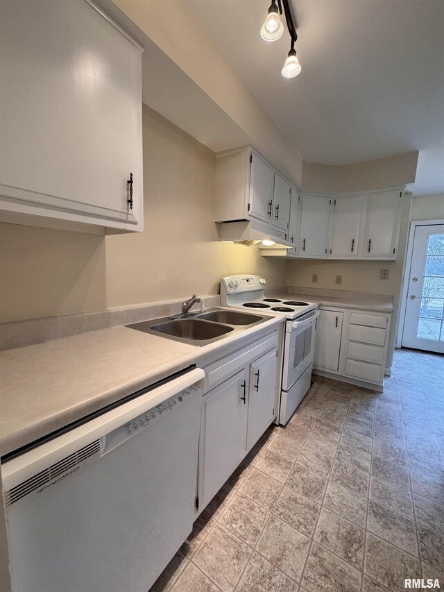 kitchen featuring sink, white cabinets, dishwasher, and white range with electric cooktop