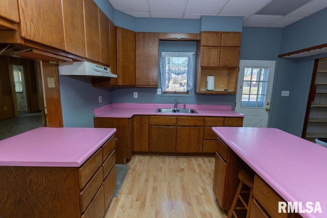 kitchen with a paneled ceiling, a kitchen island, sink, and light hardwood / wood-style flooring