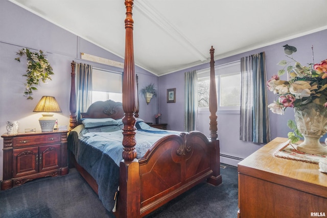 bedroom with lofted ceiling, a baseboard radiator, and dark colored carpet