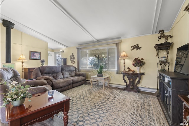 living room with a baseboard radiator and vaulted ceiling with beams