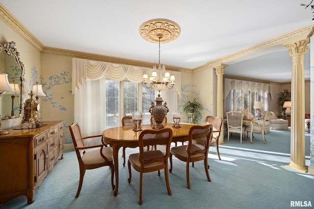 dining space featuring light carpet, crown molding, and ornate columns