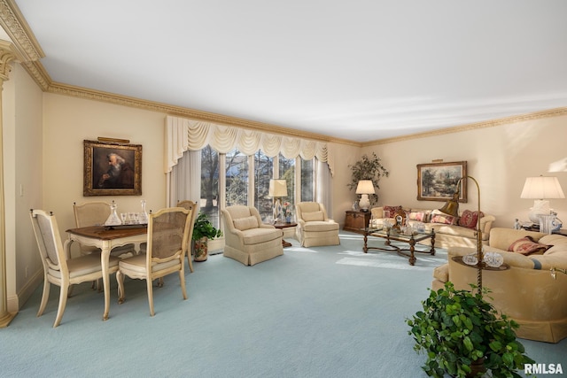 carpeted living room with crown molding