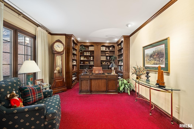 carpeted office space with crown molding