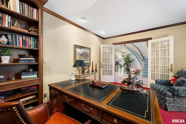 office space with ornamental molding and french doors