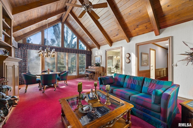 living room with beamed ceiling, high vaulted ceiling, carpet floors, and wooden ceiling