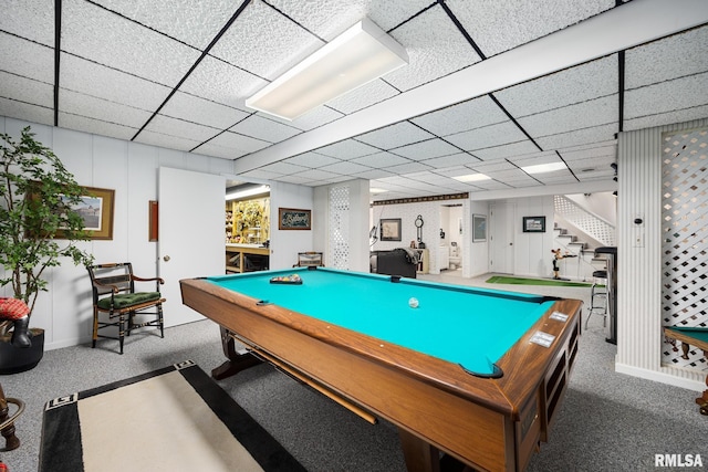 playroom featuring carpet, pool table, and a drop ceiling