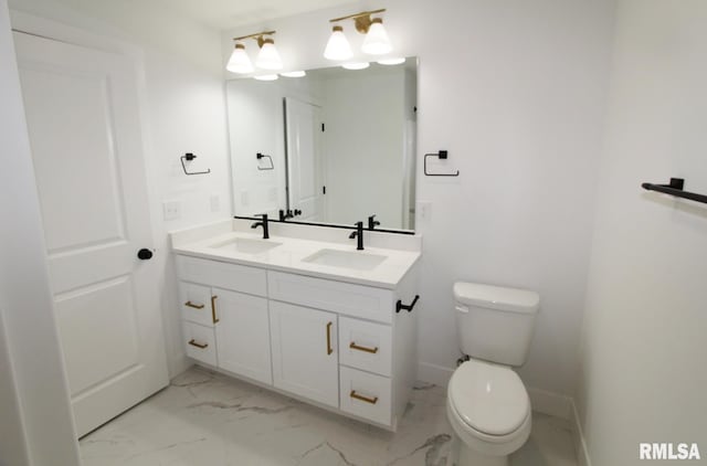 7023 N Water Oak Dr, Edwards, IL 61528 - bathroom featuring marble look tile flooring, double vanity, toilet, and baseboards