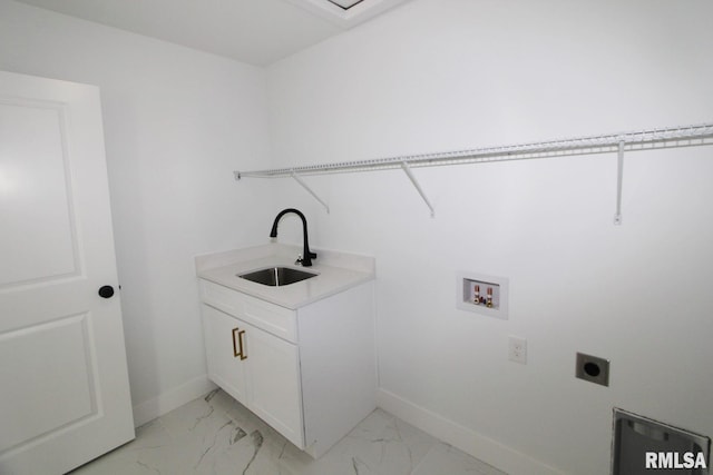 7023 N Water Oak Dr, Edwards, IL 61528 - laundry area with electric dryer hookup, cabinet space, light marble finish floors, hookup for a washing machine, and baseboards