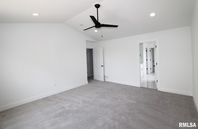 7023 N Water Oak Dr, Edwards, IL 61528 - unfurnished bedroom with carpet flooring, lofted ceiling, baseboards, recessed lighting, and ceiling fan