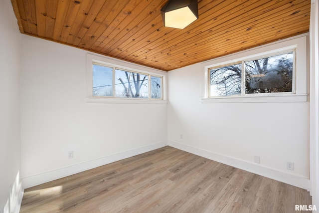 spare room featuring wood ceiling, a healthy amount of sunlight, and light wood-type flooring