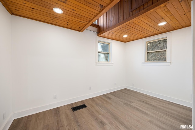 empty room featuring hardwood / wood-style floors and wooden ceiling