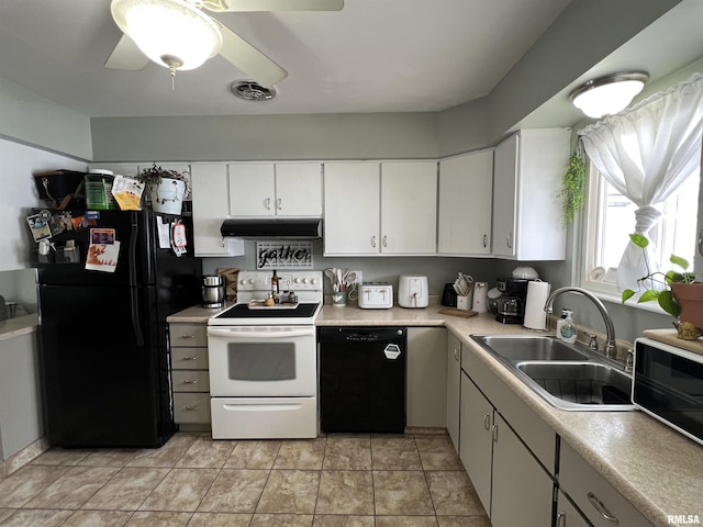 kitchen featuring light tile patterned flooring, sink, white cabinets, ceiling fan, and black appliances