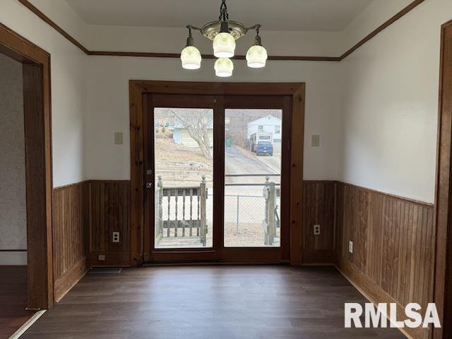 interior space featuring dark wood-type flooring, wooden walls, and a wealth of natural light