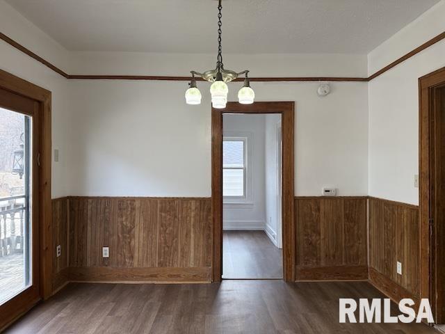 spare room featuring dark hardwood / wood-style flooring, a wealth of natural light, wooden walls, and a chandelier