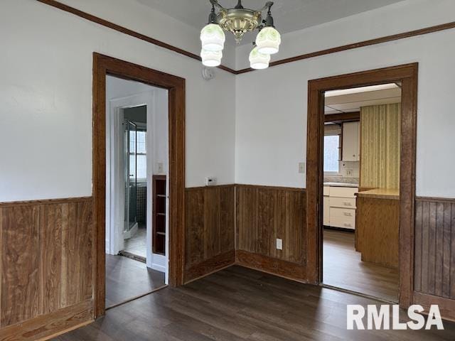 spare room with ornamental molding, dark hardwood / wood-style floors, an inviting chandelier, and wood walls