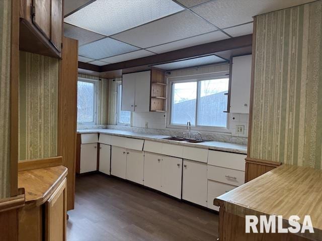 kitchen featuring sink, a paneled ceiling, white cabinetry, dark hardwood / wood-style flooring, and decorative backsplash