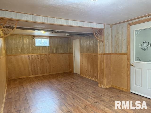 basement with wood-type flooring and wooden walls