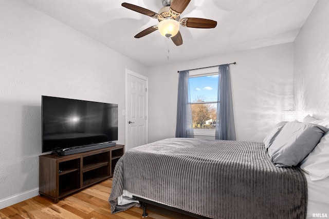 bedroom featuring ceiling fan and wood-type flooring