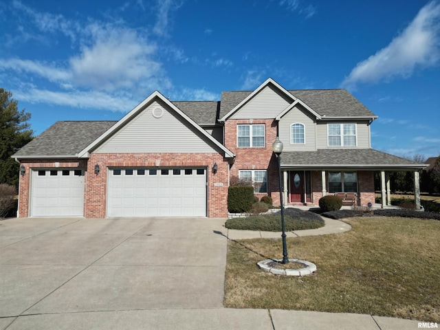 view of front of property featuring a garage, a front yard, and covered porch