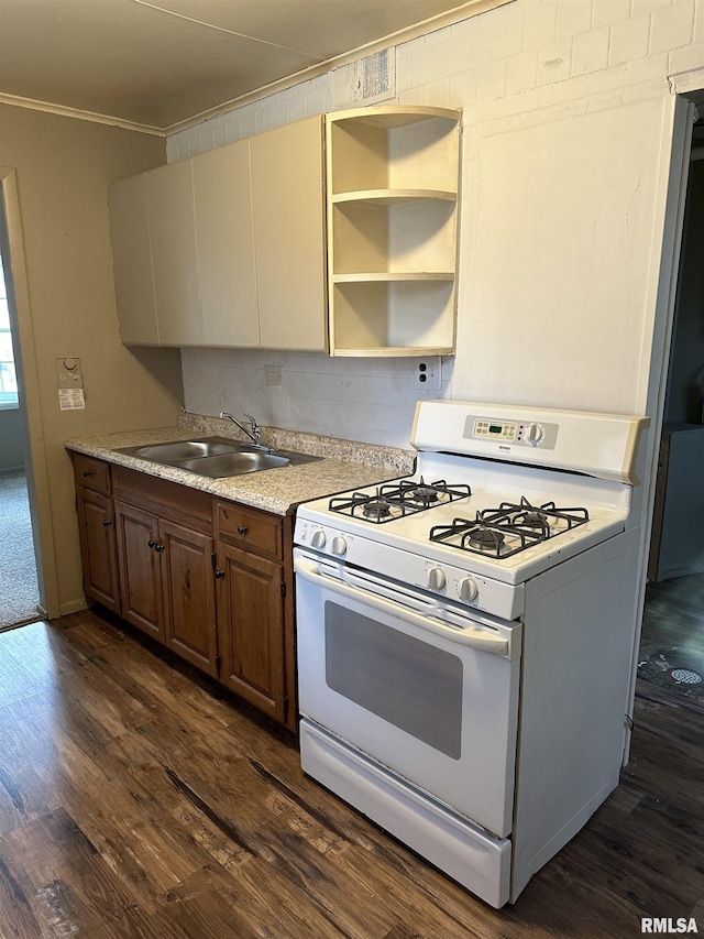 kitchen with dark hardwood / wood-style flooring, sink, crown molding, and white gas stove