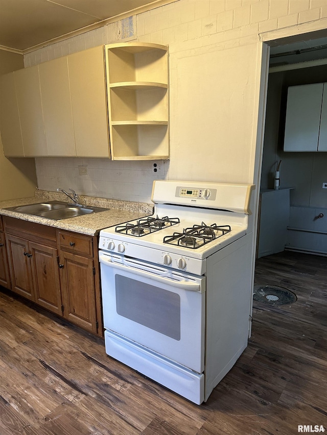 kitchen featuring dark hardwood / wood-style floors, sink, white gas stove, and backsplash