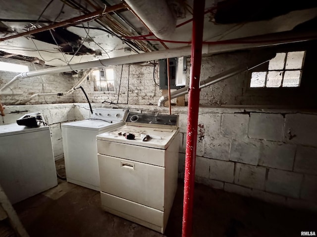 laundry area with electric panel and washer and clothes dryer