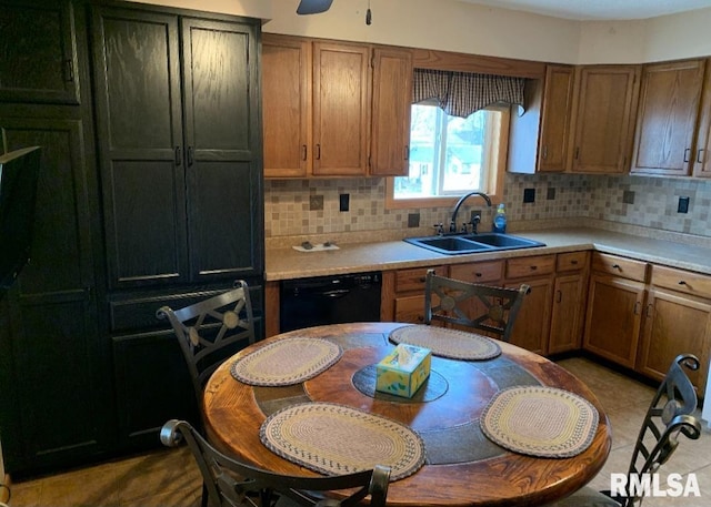 kitchen featuring ceiling fan, dishwasher, sink, and decorative backsplash