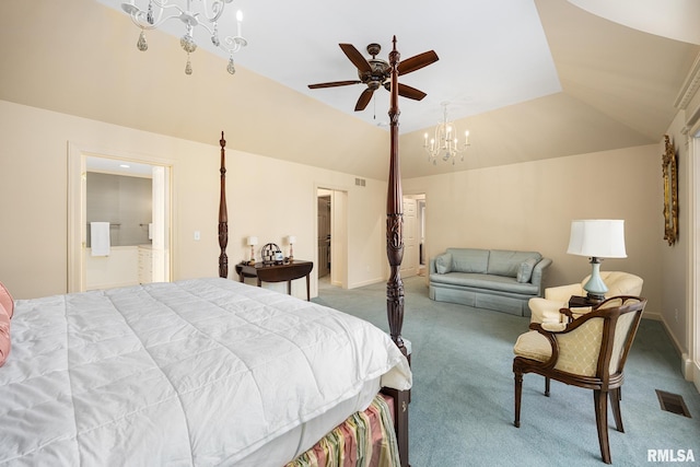 bedroom featuring ensuite bathroom, lofted ceiling, ceiling fan with notable chandelier, and carpet