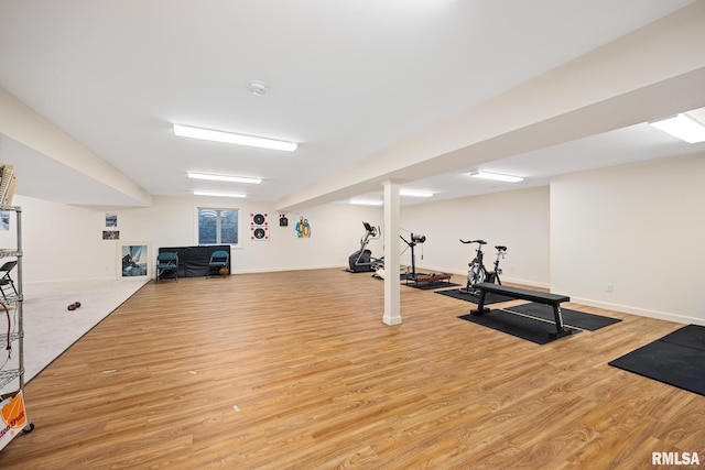 exercise room featuring light hardwood / wood-style floors