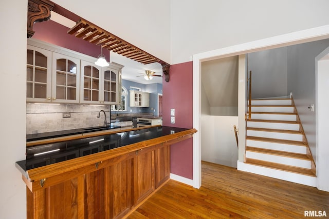 kitchen with wood-type flooring, sink, ceiling fan, and decorative backsplash