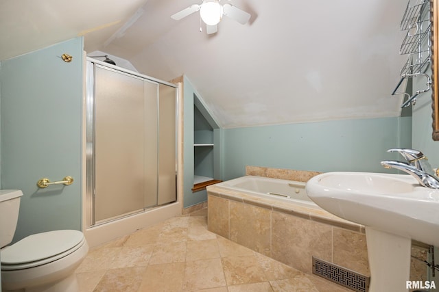 bathroom featuring ceiling fan, toilet, vaulted ceiling, and plus walk in shower