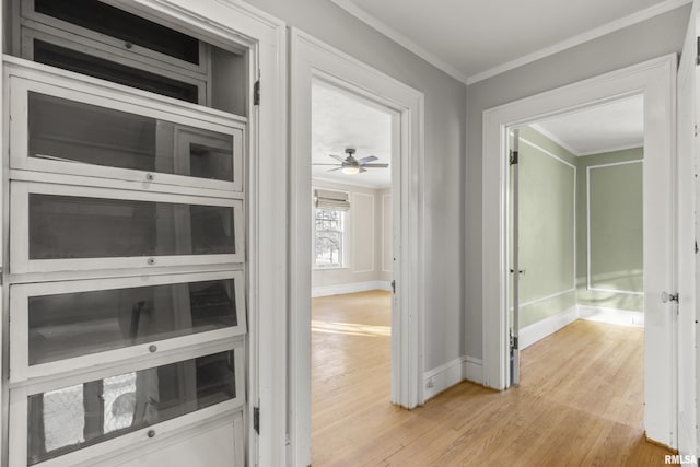 hall featuring crown molding, light hardwood / wood-style floors, and wine cooler