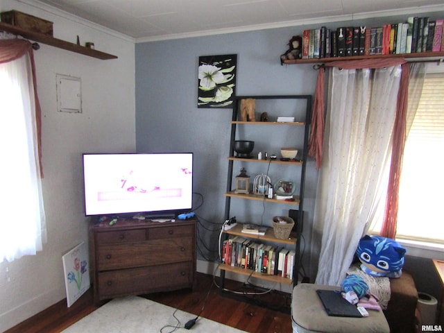 bedroom with multiple windows, crown molding, and dark hardwood / wood-style floors