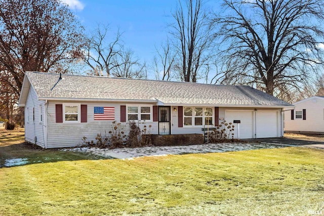 ranch-style house featuring a garage and a front lawn