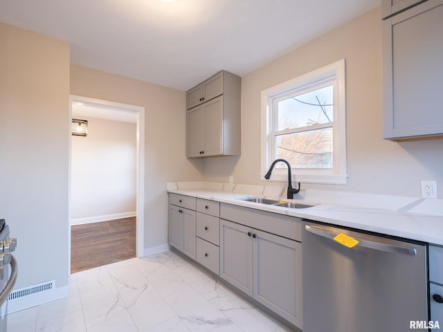 kitchen with gray cabinets, dishwasher, and sink