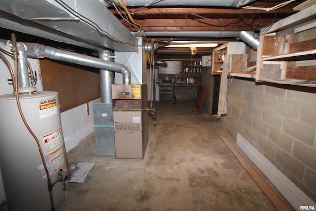 basement featuring heating unit and water heater