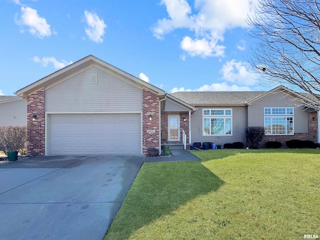 ranch-style home with an attached garage, a front lawn, concrete driveway, and brick siding