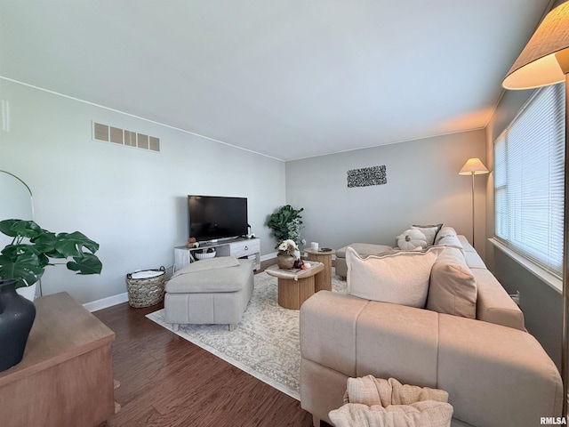 living room with dark hardwood / wood-style flooring