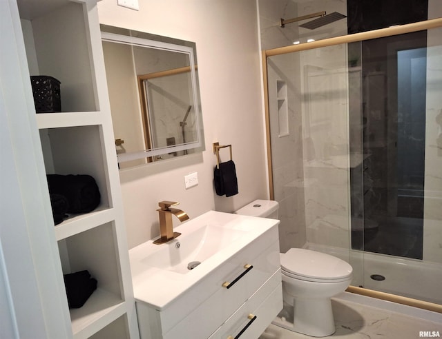 300 E 4th St, Saint David, IL 61563 - full bathroom featuring a shower stall, vanity, toilet, marble finish floor, and visible vents